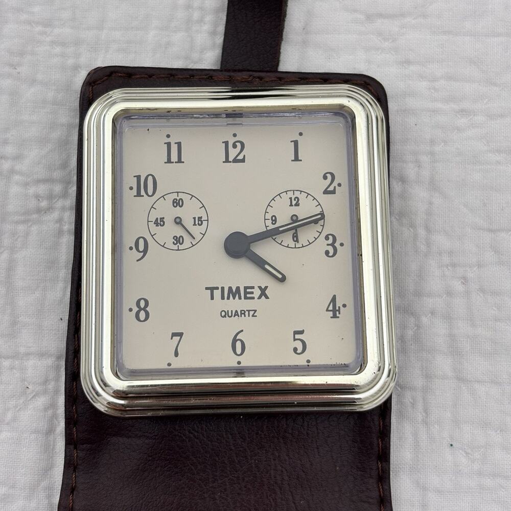 Vintage TIMEX Quartz Travel Alarm Clock, Brown Faux Leather Case